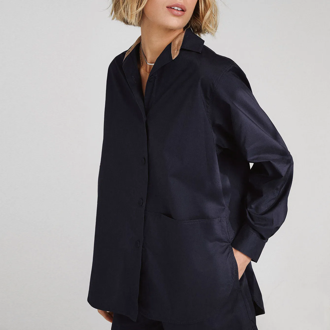 Airy Cotton Curved Hem Long Sleeve Short Set