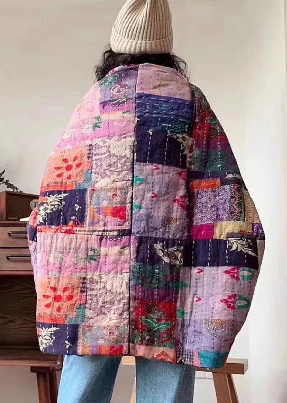 Boho retro Print Button Pockets Casual Winter Cotton Parka
