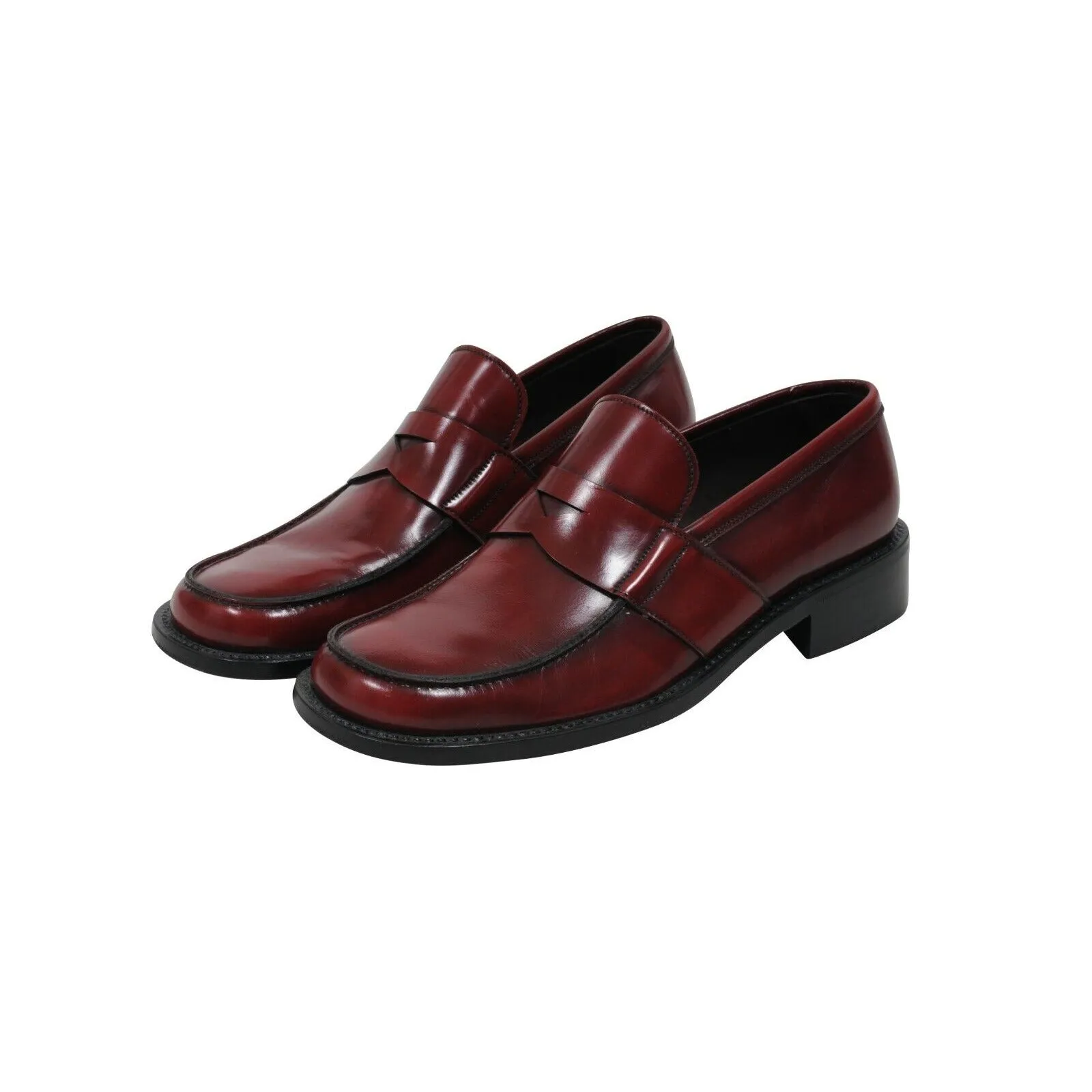 Burgundy Cherry Red Leather Square Toe Slip On Penny Loafers