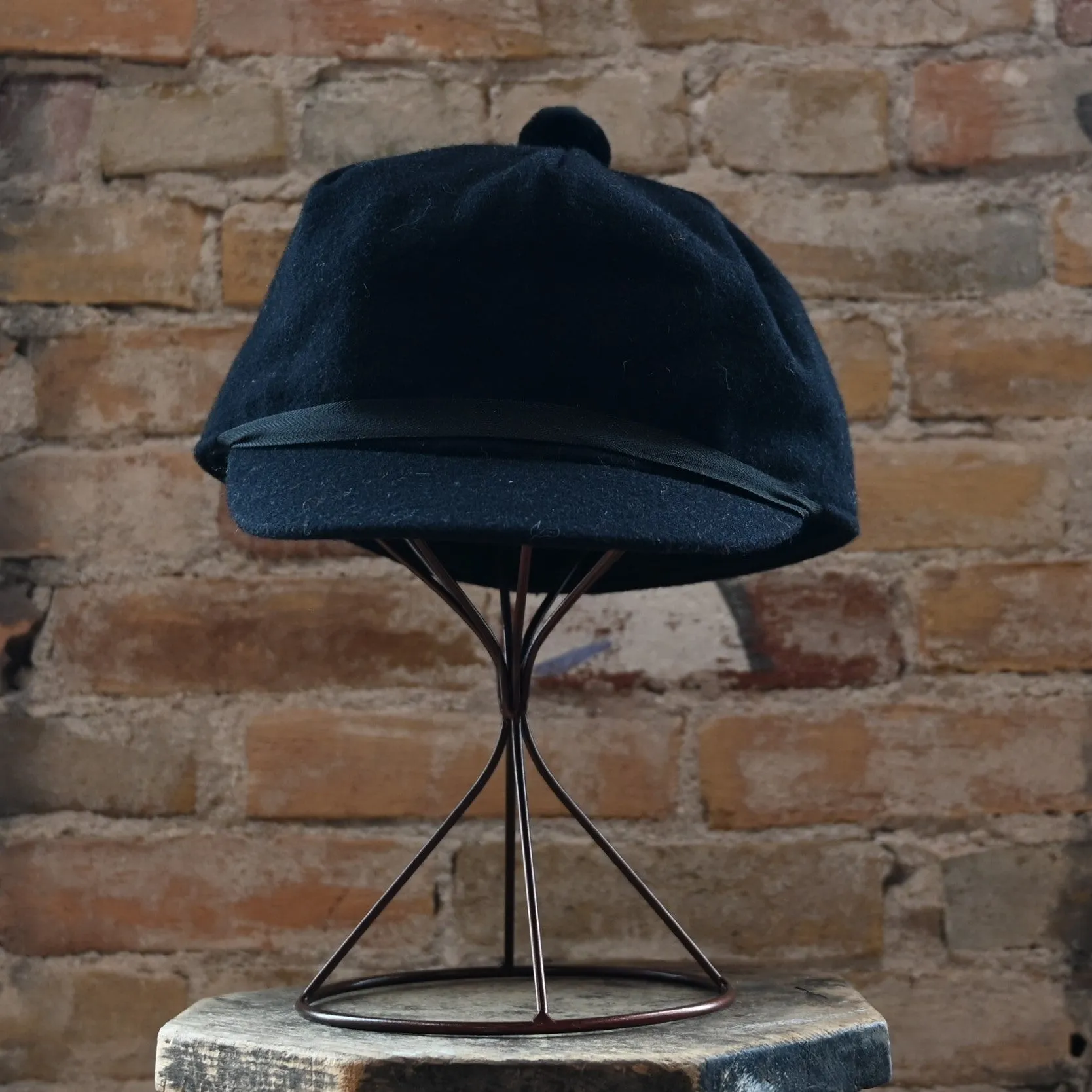 Crown Cap Solid Black Wool Blend Melton Stockman Cap