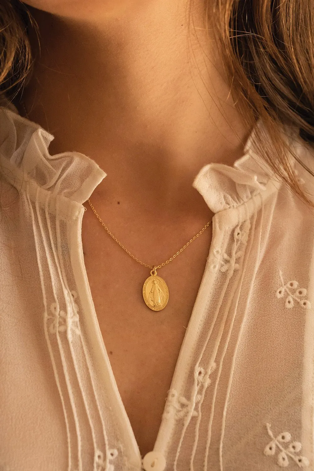 Dainty 14K Gold Virgin Mary Miraculous Medal Choker Necklace
