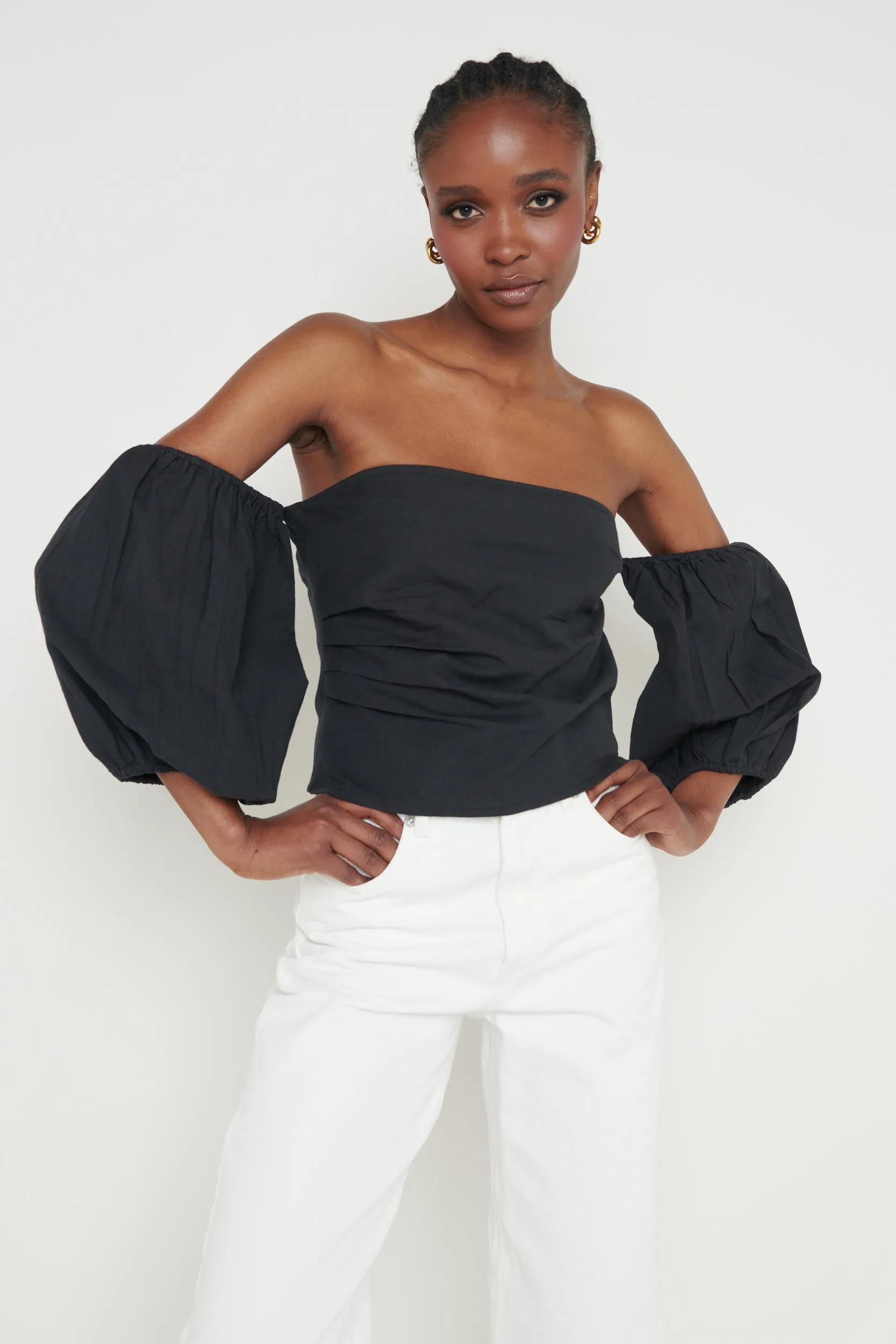 Elle Bardot Puff Sleeve Blouse - Black
