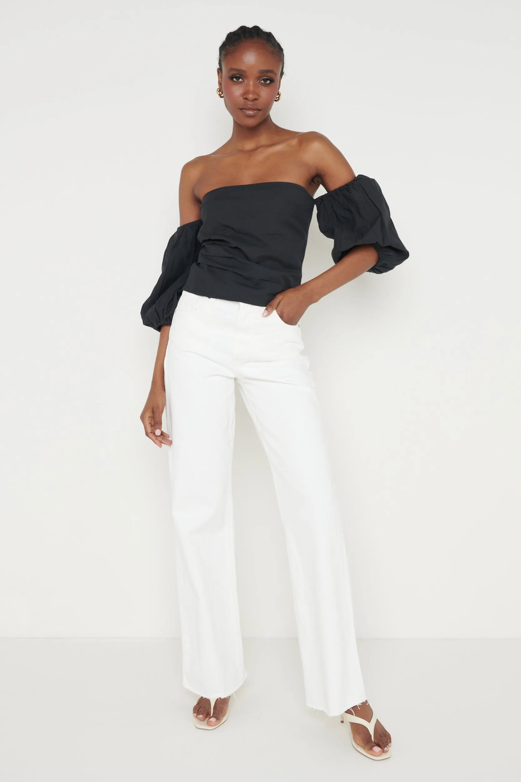 Elle Bardot Puff Sleeve Blouse - Black