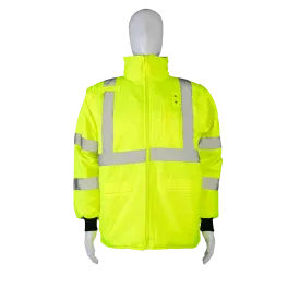 LBQPJRV-C3 ANSI Class 3 Lime/Black Reversible Waterproof 4-in-1 Quilted Jacket with Detachable Sleeves