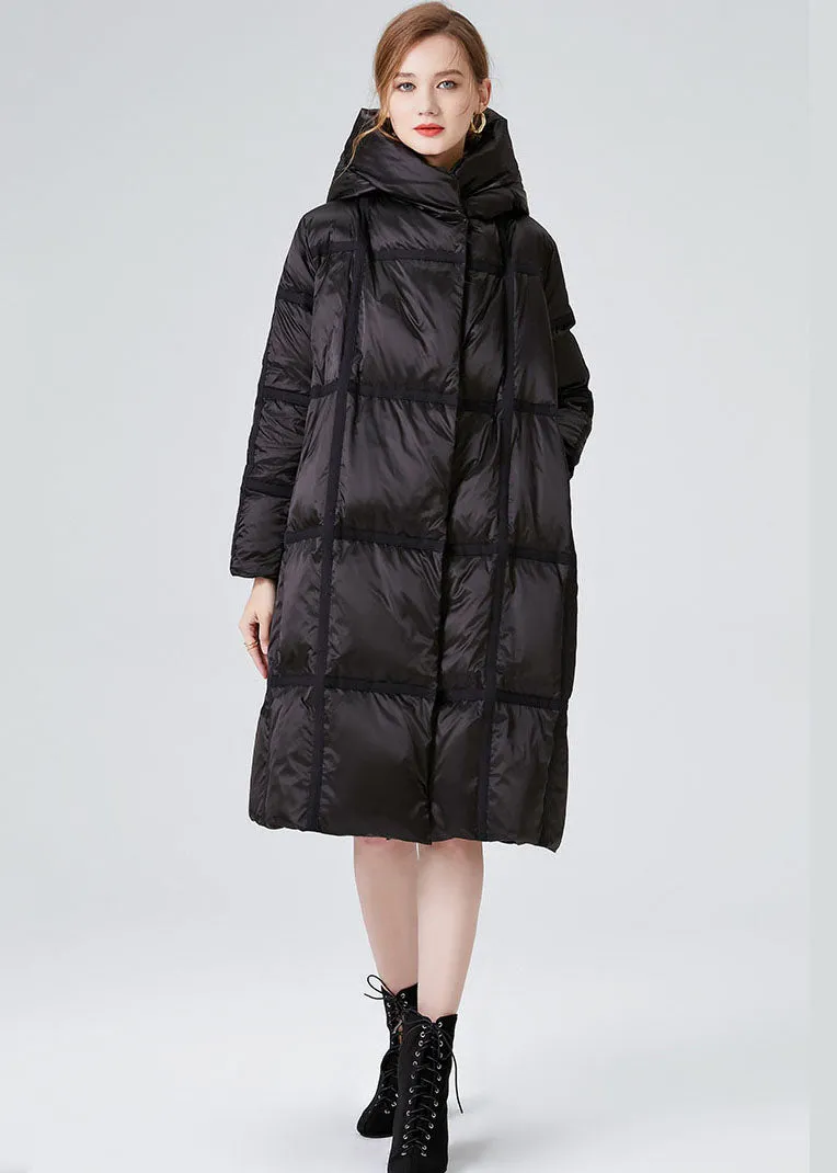 Plus Size Black Hooded Zip Up Duck Down Jacket In Winter