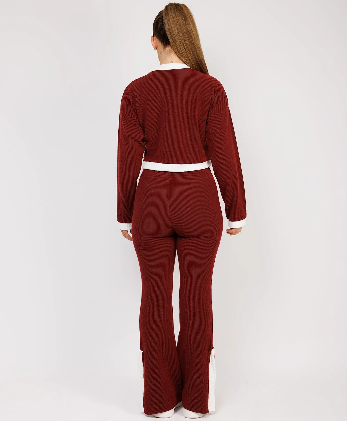 Red Contrast Stripe Jumper & Split Detail Trousers Loungewear Set