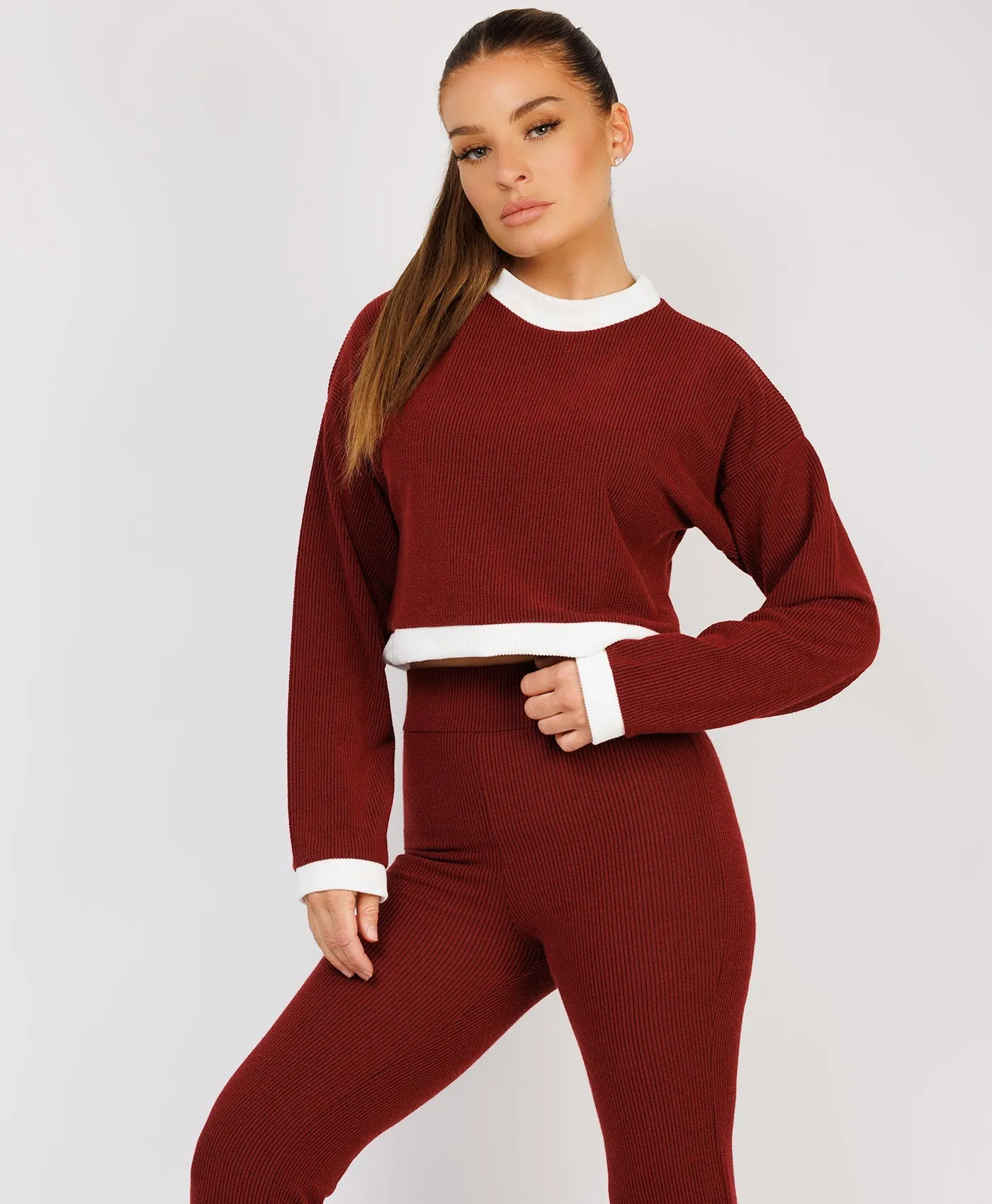 Red Contrast Stripe Jumper & Split Detail Trousers Loungewear Set