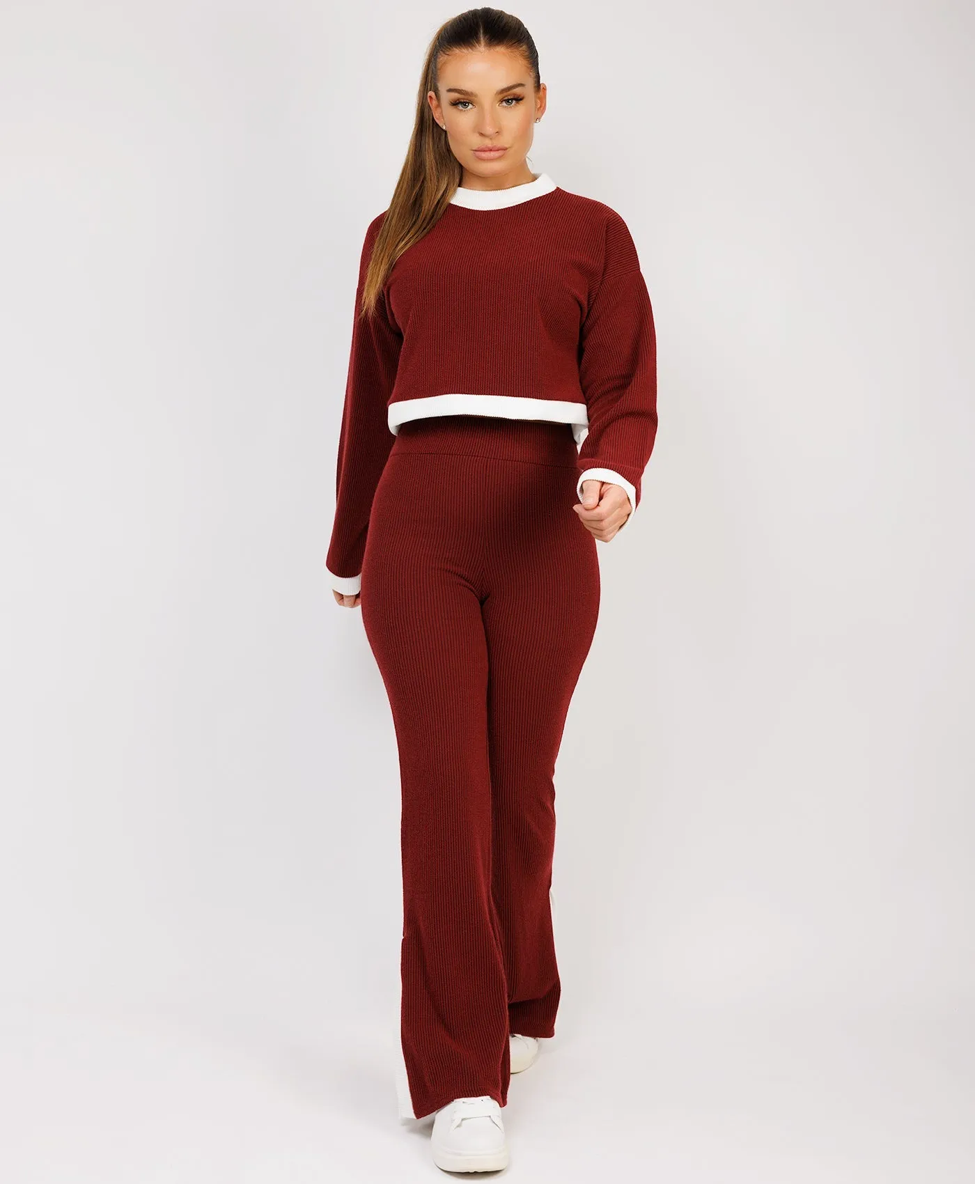Red Contrast Stripe Jumper & Split Detail Trousers Loungewear Set